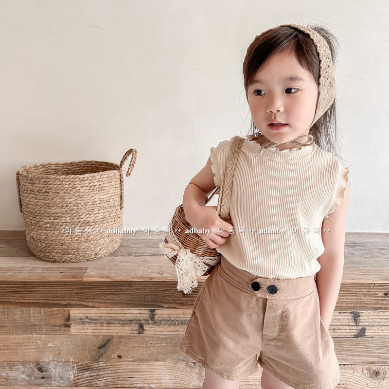 Kids Girls Basic Solid Color Stringy Selvedge Round Neck Sleeveless Vest