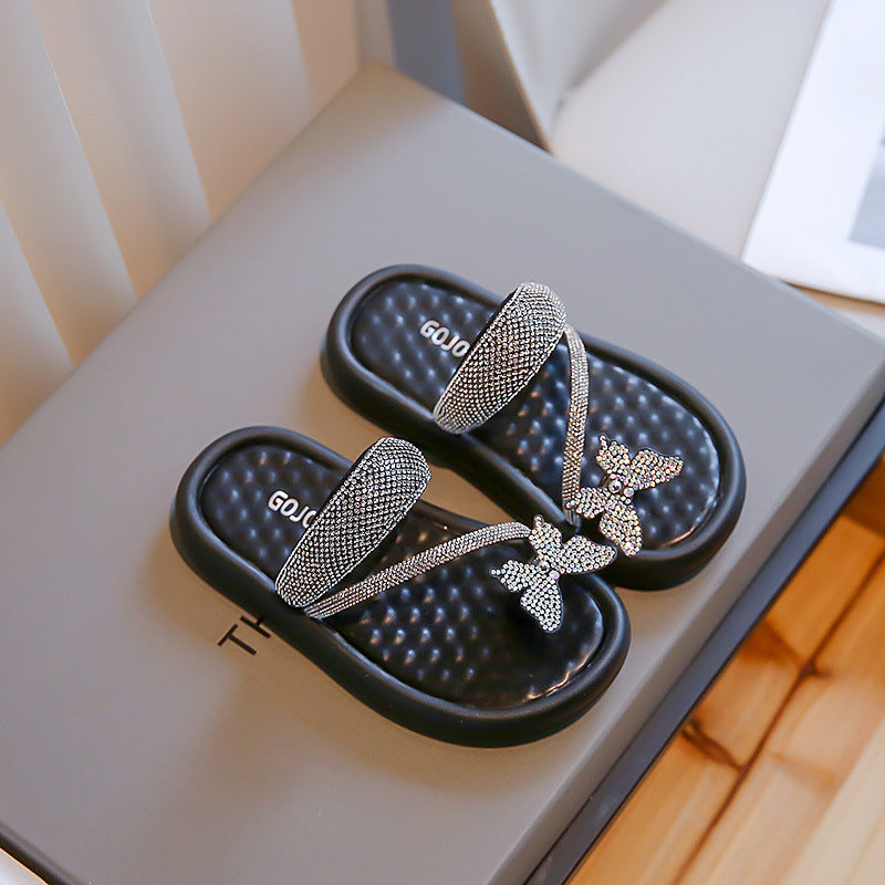 Kids Girls Fashion Casual Butterfly Rhinestone Flat Slippers