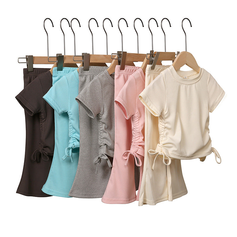 Kids Toddler Girls Casual Cute Solid Color Short Sleeve T-Shirt Flare Trousers Sets