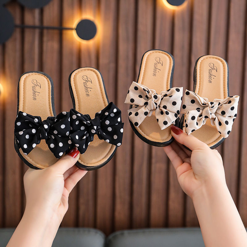 Girls Sweet Polka Dot Big Bow Non-slip Soft Bottom Slippers