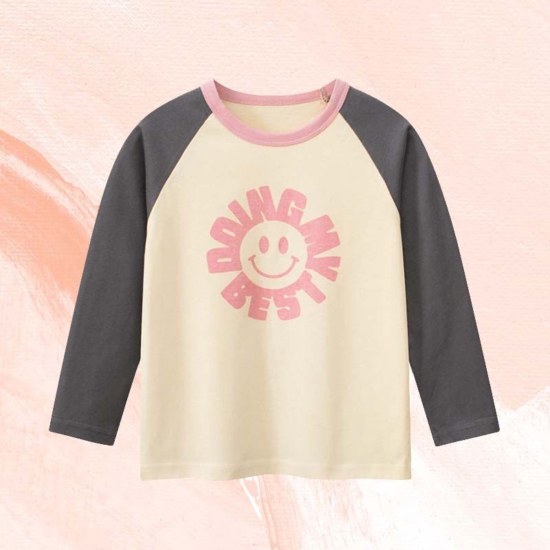 Kids Toddler Girls Casual Cute Alphabet Smiley Print Long Sleeve Round Neck T-Shirt
