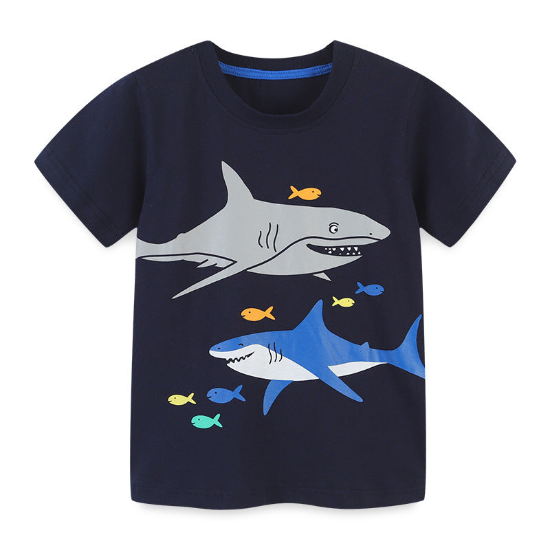 Kids Boys Casual Round Neck Short-sleeved Cartoon Animal Shark Loose T-shirt