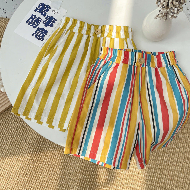 Kids Casual Color Blocking Elastic Waist Stripe Loose Shorts