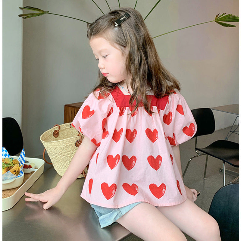 Children Kids Toddlers Fashion Girls Short Sleeve Heart Print Lapel Square Neck Top
