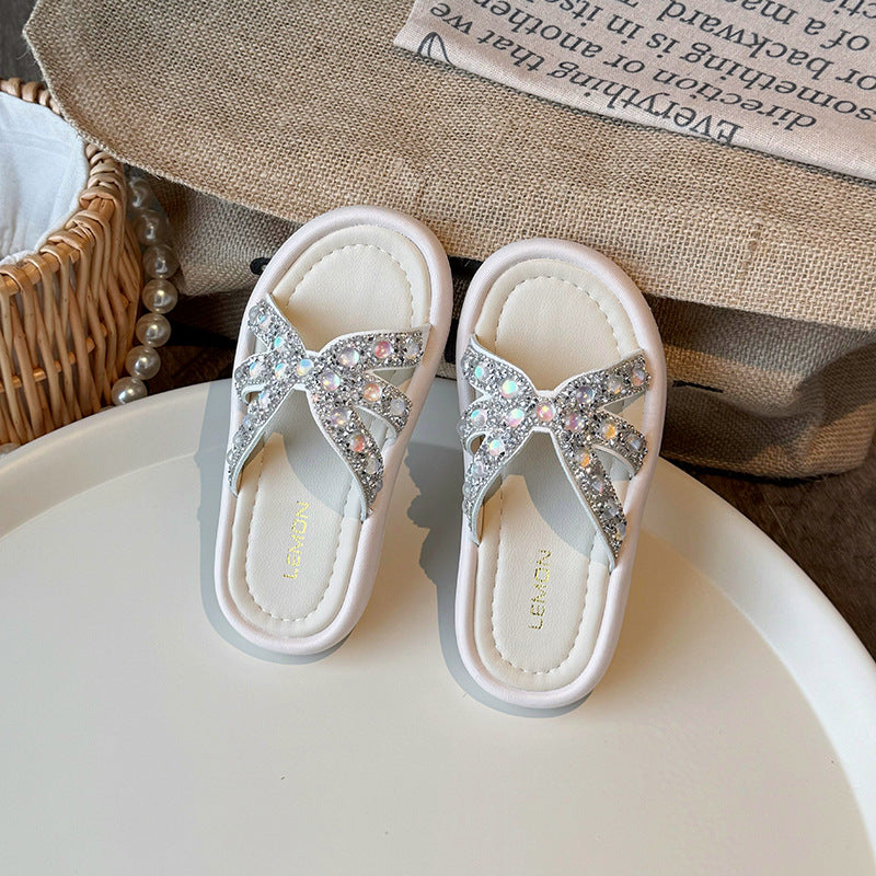 Kids Girls Casual Cute Rhinestone Flat Thick-Soled Slippers