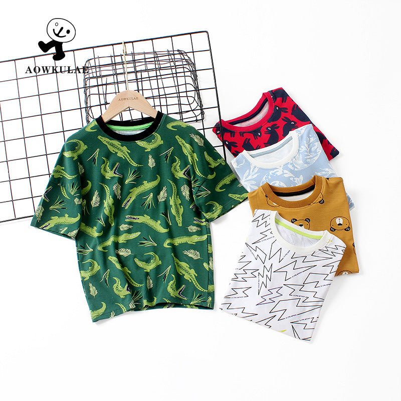 Kids Boys Casual Cartoon Animal All Over Print Round Neck Short-sleeved Loose T-shirt