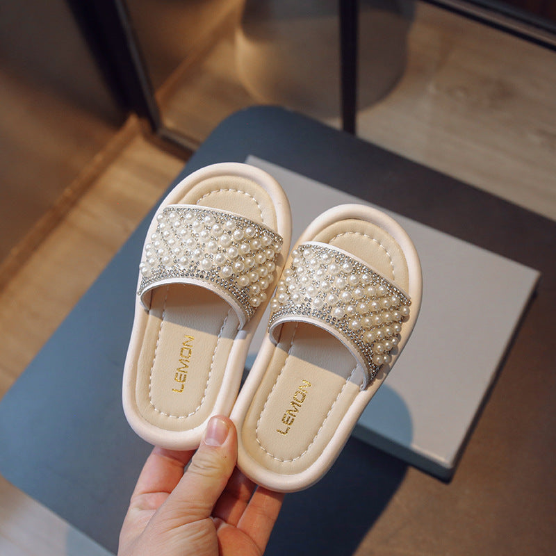 Children Kids Baby Fashion Girls Rhinestone Pearl Casual Outdoor Slippers Shoes