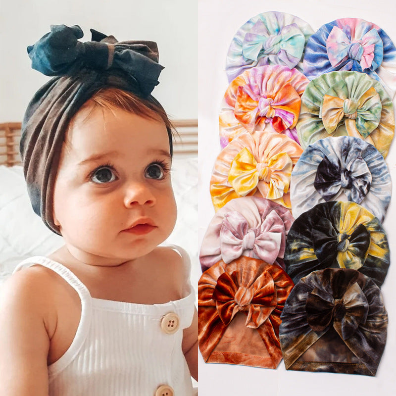 Toddlers Newborn Baby Velvet Tie-Dye Bow Turban Cap
