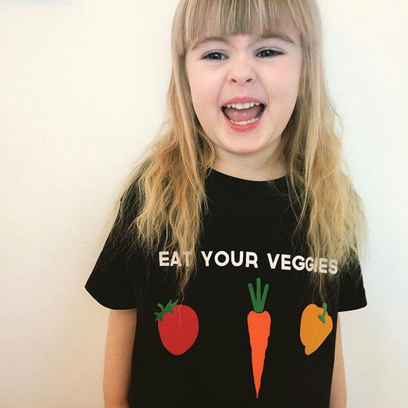 Kids Casual Round Neck Short Sleeve Cartoon Carrot Pattern Basic T-shirt