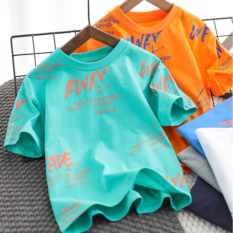 Kids Boys Casual Round Neck Short Sleeve Letter All Over Print Loose T-shirt