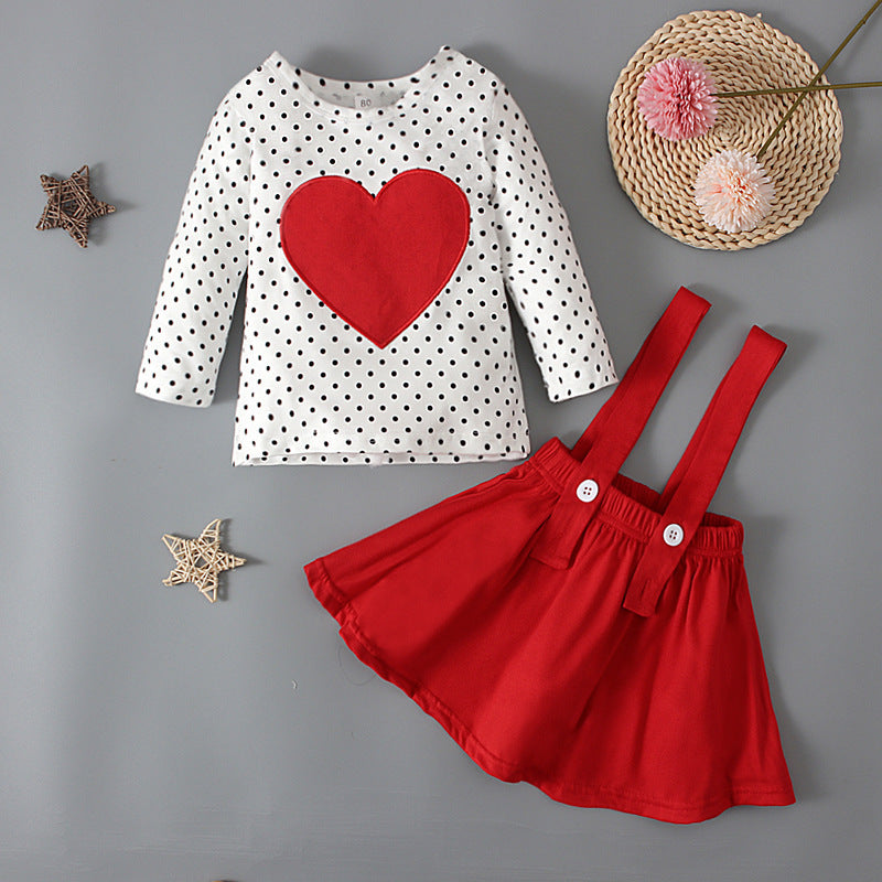 Toddlers Newborn Baby Girls Valentine'S Heart Long Sleeve T-Shirt And Strap Skirt 2pcs Set