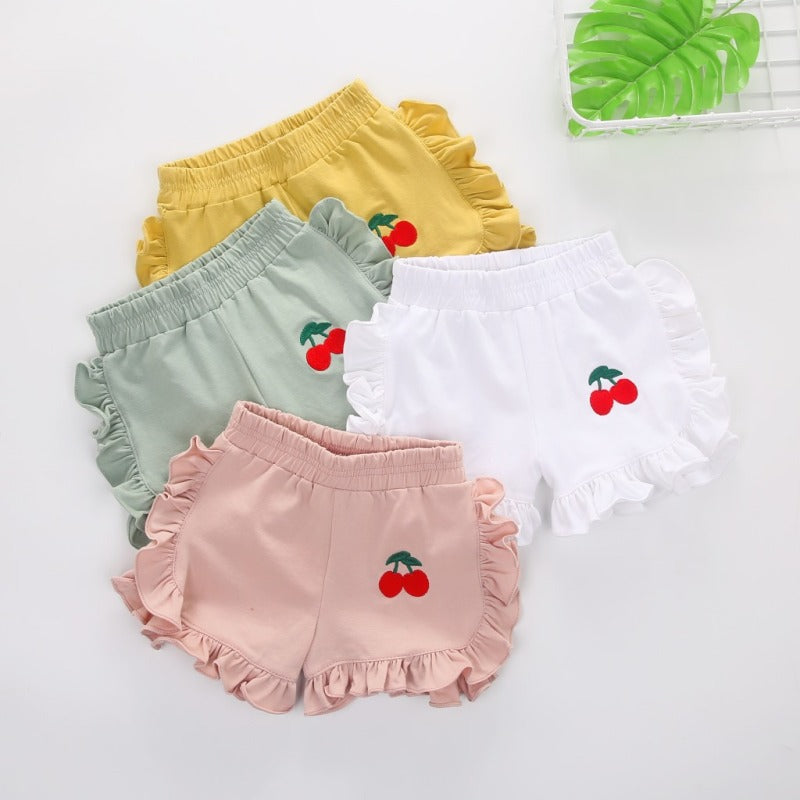 Kids Toddler Girls Fashion Cherry Embroidered Wood Ear Shorts
