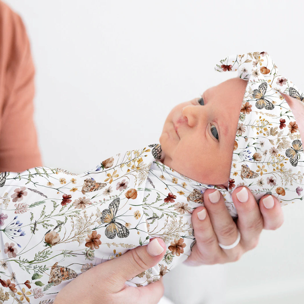 Baby Watercolor Style Printed Swaddle Headband Cap Three-Piece Set