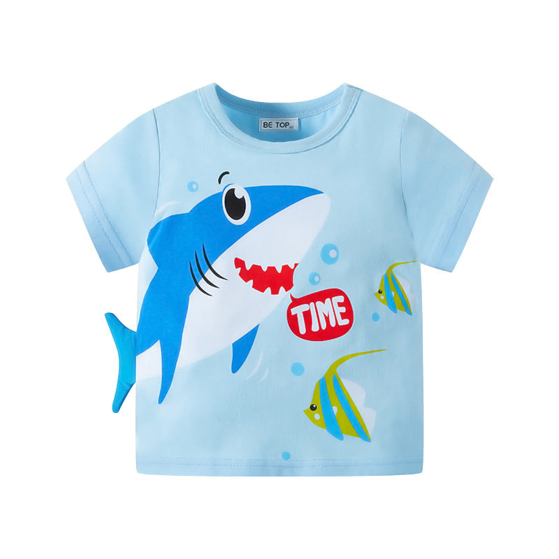 Kids Toddler Boys Casual Cute Cartoon Shark Print Short Sleeve Round Neck T-Shirt