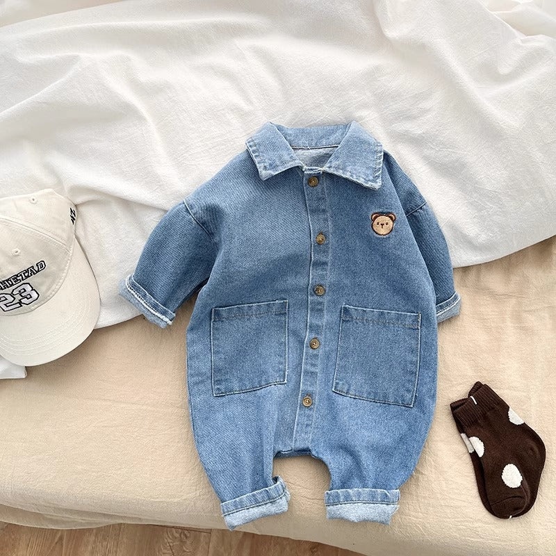 Baby Girls Boys Bear Embroidery Short Sleevv Denim Rompers