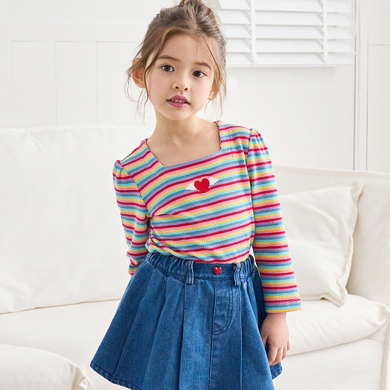 Girl'S Fashion Square Collar Rainbow Stripe Embroidered Top
