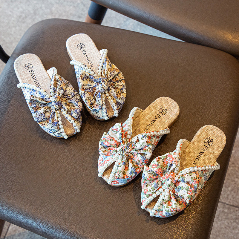 Girls Pastoral Bow Pearl Decor Soft Bottom Floral Peep-toe Slippers