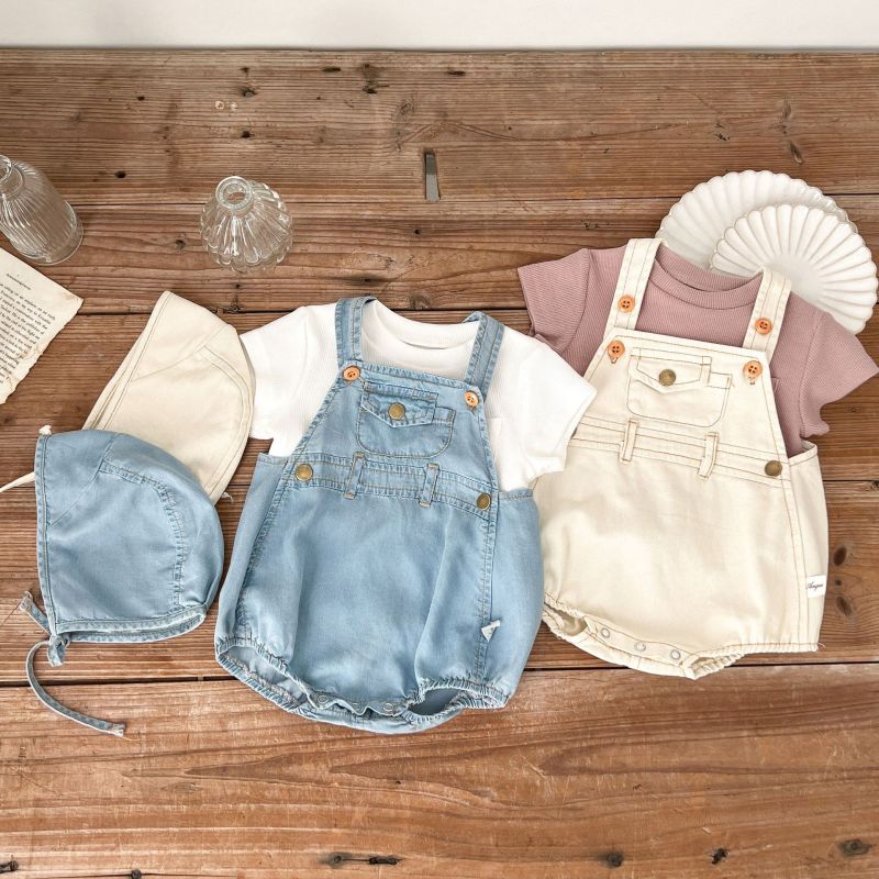 Unisex Babies Summer Thin Soft Denim Romper With Hat