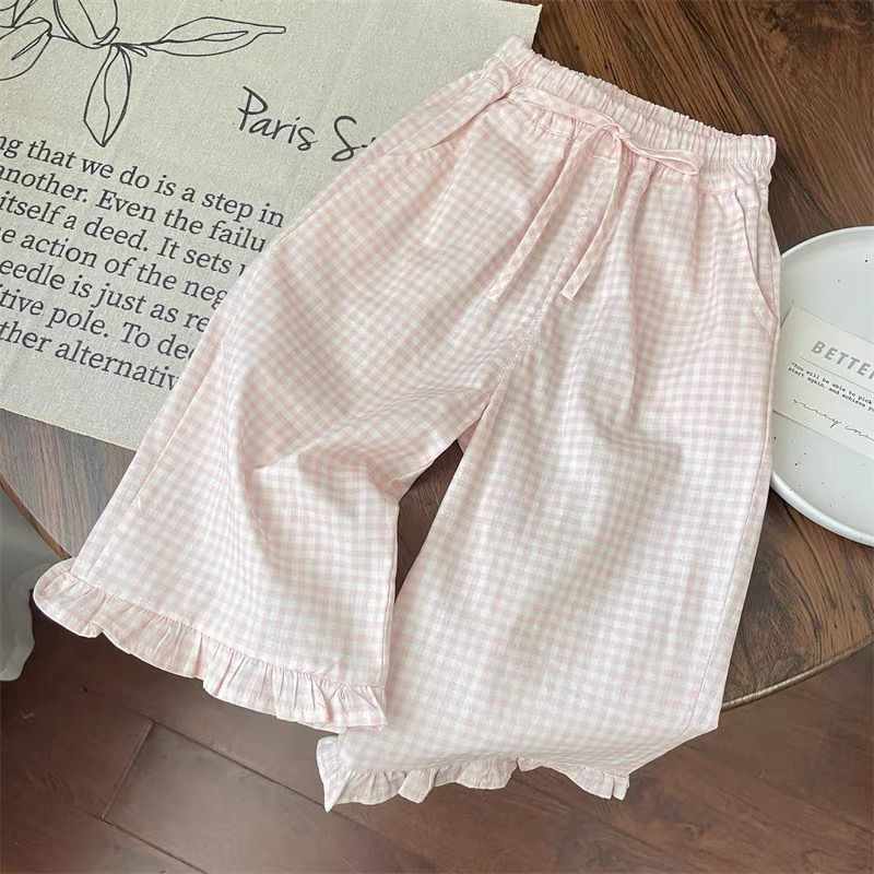 Toddler Girl Sweet Princess Style Bow Short-Sleeved T-Shirt Pink Plaid Flare Wide-Leg Pants Ruffled Two-Piece Set