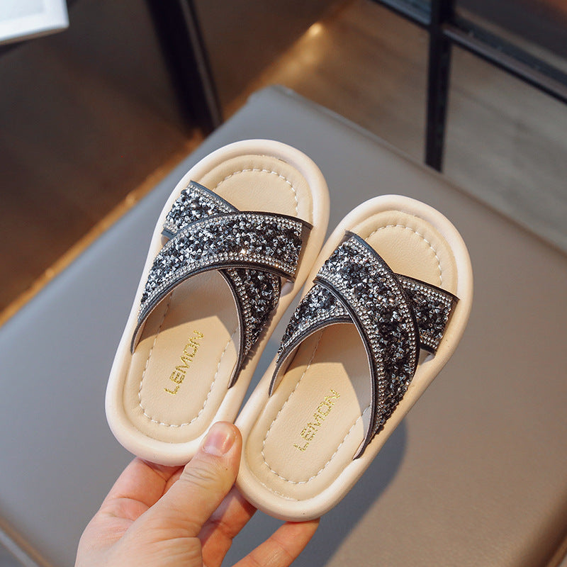 Kids Girls Casual Cute Rhinestone Flat Thick-Soled Slippers