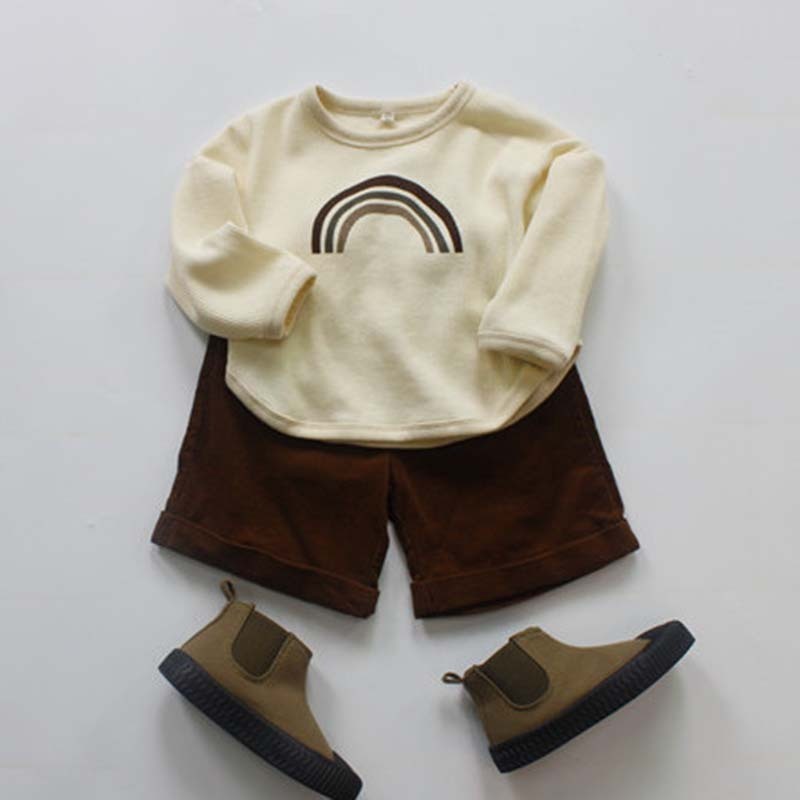 Kids Toddler Boys Girls Casual Cute Rainbow Stripe Waffle Long Sleeve Round Neck T-Shirt