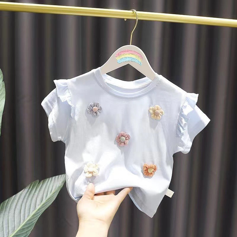 Kids Toddler Girls Casual Cute Flower Short Sleeve Round Neck T-Shirt