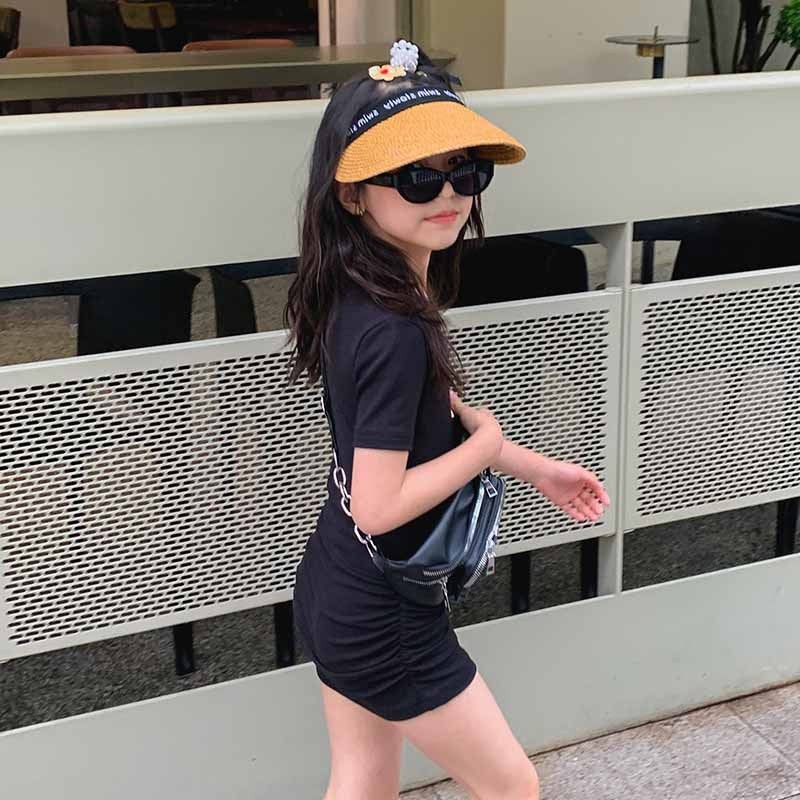 Girls' Fashion Solid Color Short-Sleeve Hollow-Out Slim-Fit Dress