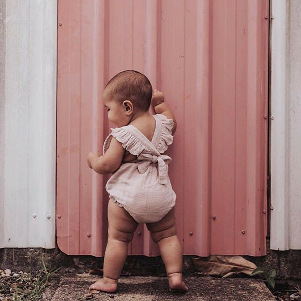 Baby Girls Solid Color Ruffled Sleeveless Rompers