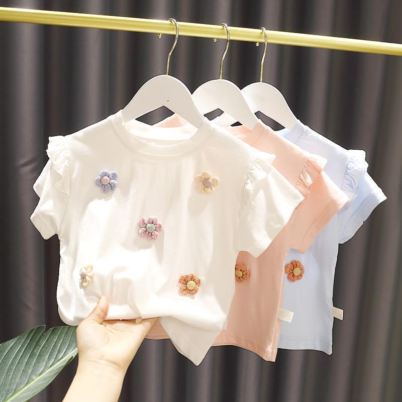 Kids Girls Cute Flower Decor Round Neck Short Sleeve Ruffled T-shirt