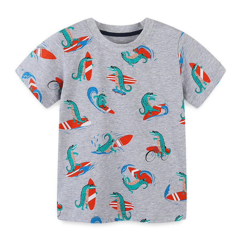 Boys Fashion Beach Style Cartoon Surfer Crocodile Print Cotton T-Shirt