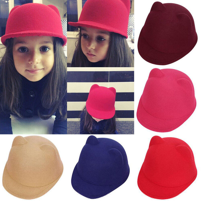 Winter Warm Kids Baby Girls Cat Ears Wool Derby Bowler Cap Solid 3D Ears Vintage Costume Play Brim Hats Cap