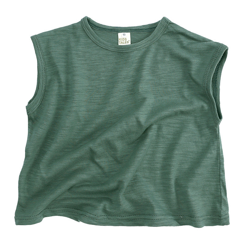 Kids Basic Solid Color Round Neck Sleeveless Loose T-shirt