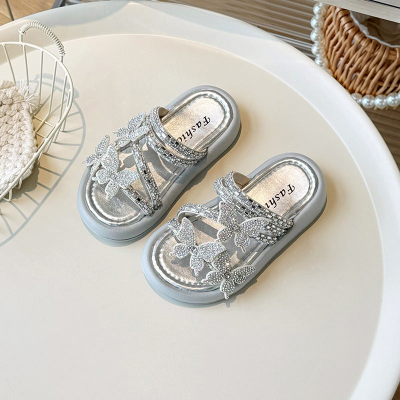 Kids Girls Casual Cute Rhinestone Butterfly Flat Slippers