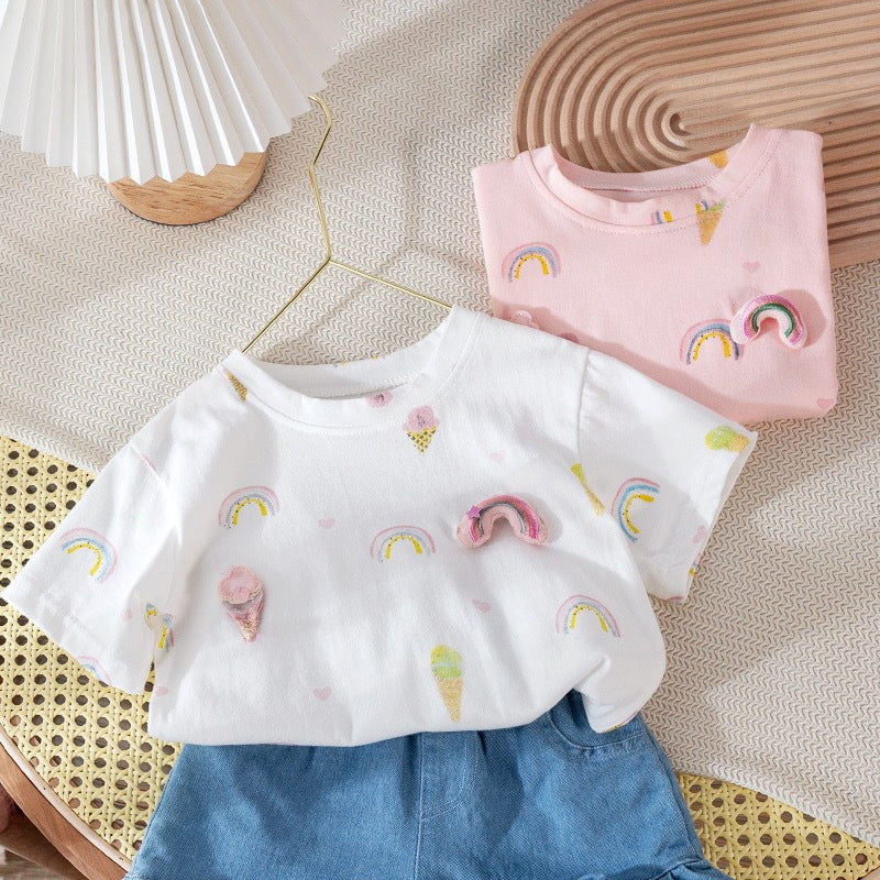 Kids Toddler Girls Casual Cute Sweet Alphabet Print Short Sleeve Round Neck T-Shirt