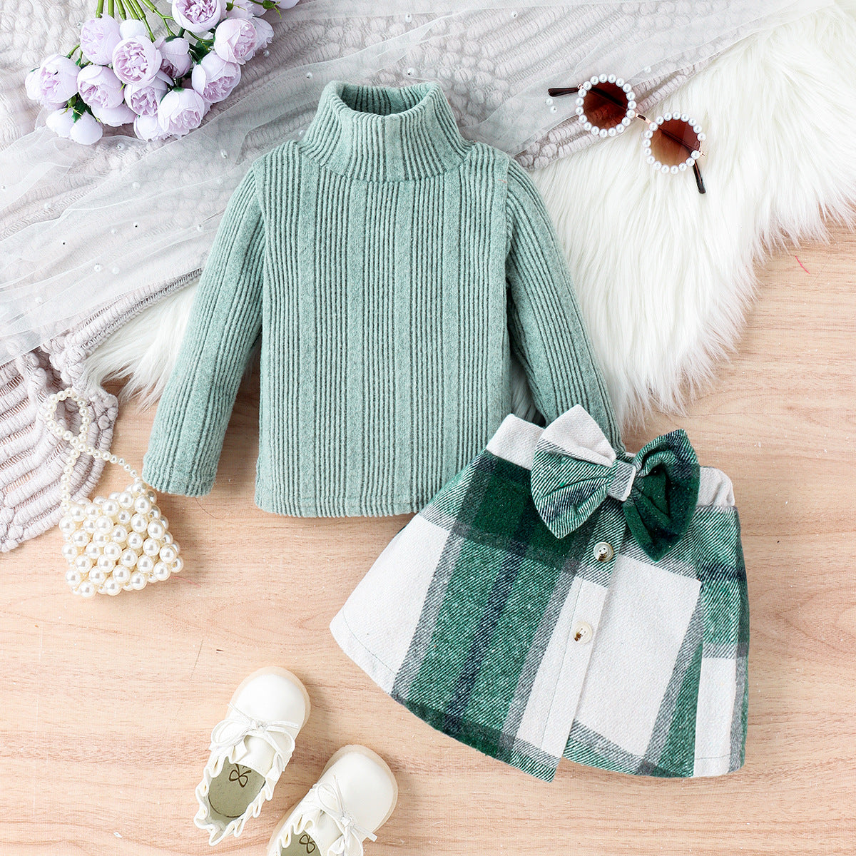 Autumn And Winter Girls Fashion Solid Color High Collar Long Sleeve Sweater Plaid Bow Skirt Two-Piece Set