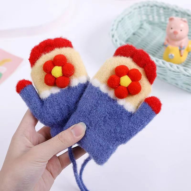 Winter Children Cartoon Color Block Stereo Floral Lanyard Warm Knitted Gloves