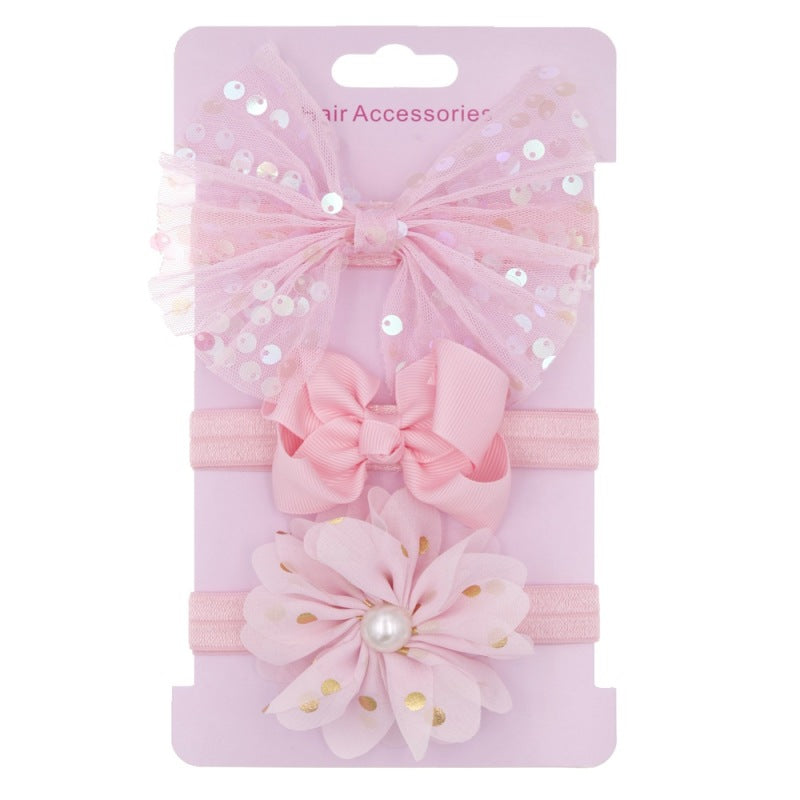 3pcs/set Kids Girls Cute Mesh Sequin Flower Pearl Bow Headband Set