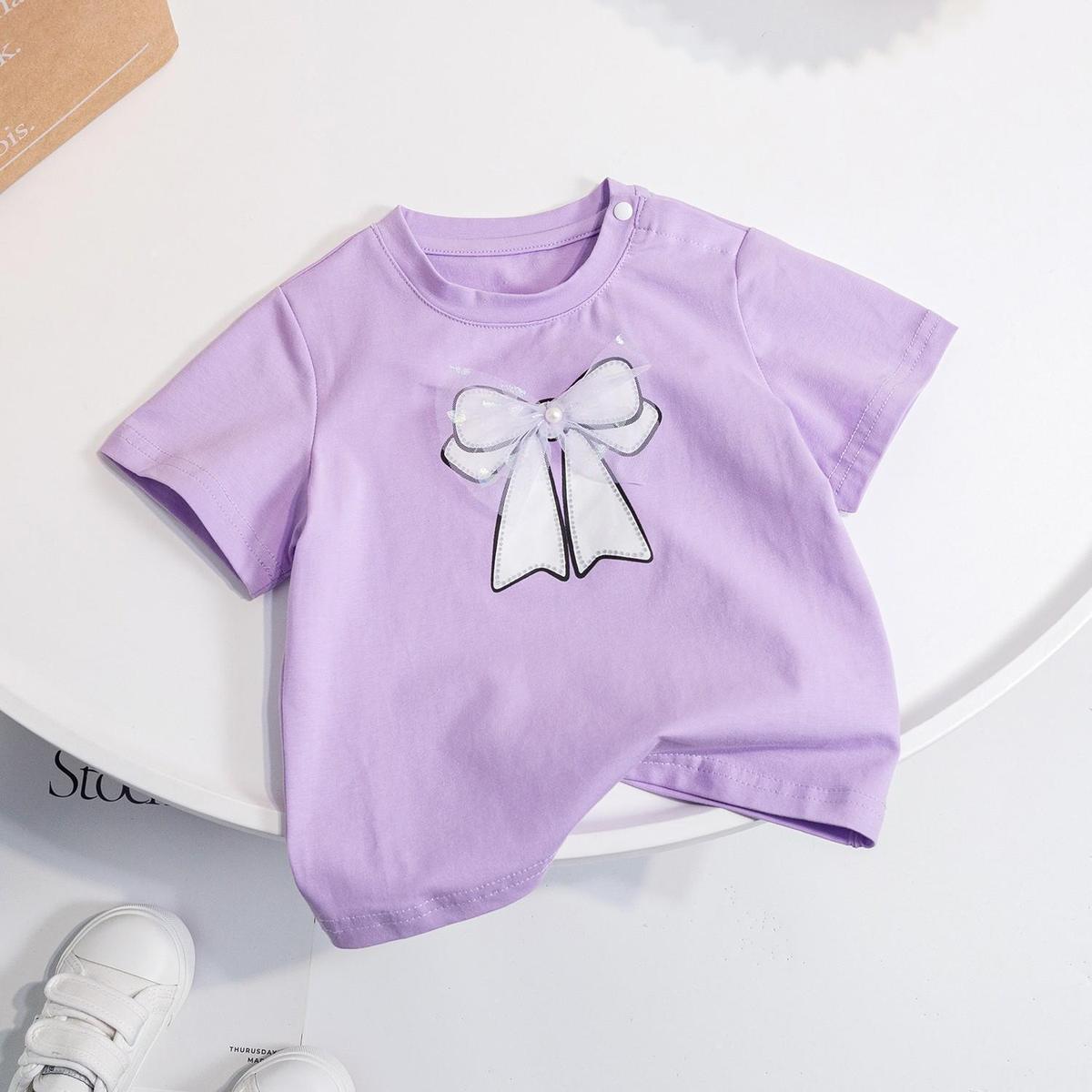 Girl'S Summer Short Sleeve Gauze Bow T-Shirt