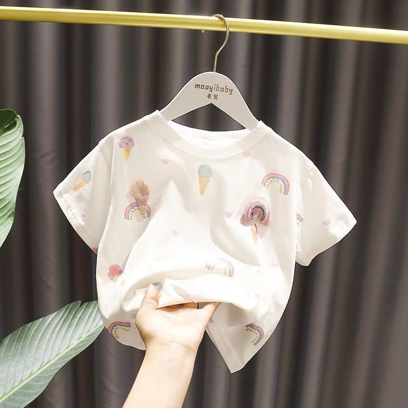Kids Toddler Girls Casual Cute Flower Ice Cream Print Short Sleeve T-Shirt