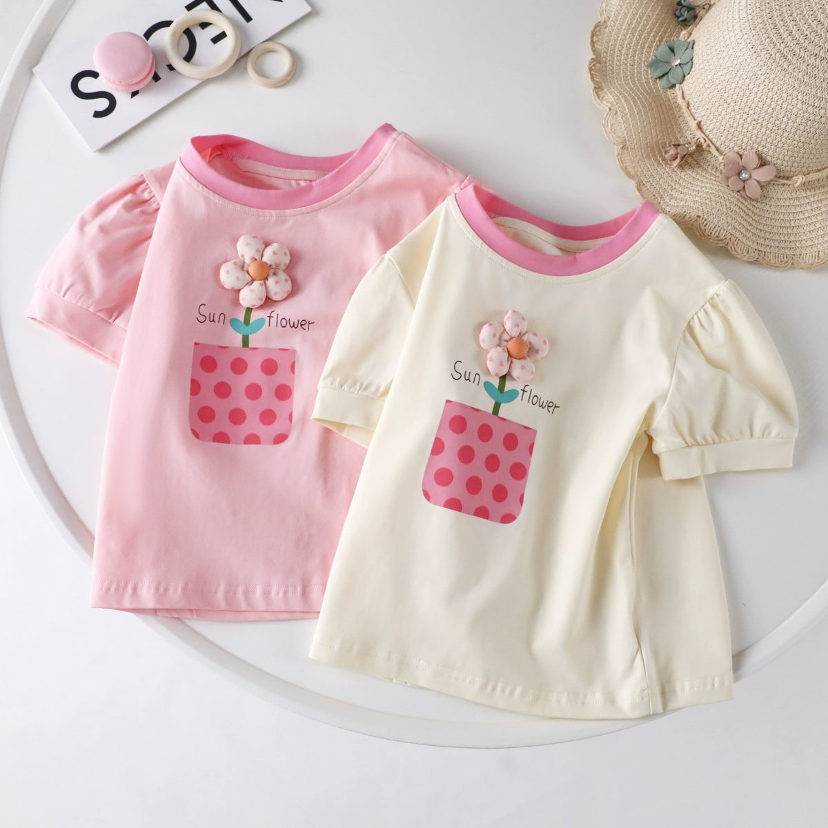 Kids Toddler Girls Casual Cute Sweet Flower Puff Sleeve Round Neck T-Shirt