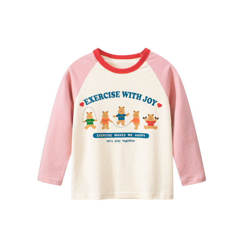 Kids Toddler Big Girls Casual Cute Cartoon Bear Letters Print Long Sleeve Round Neck T-Shirt