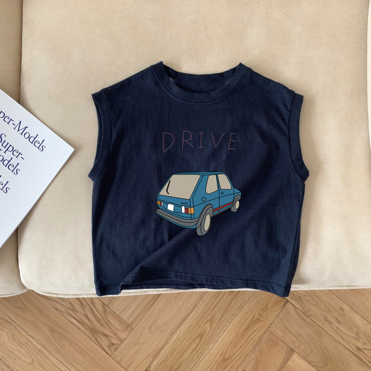 Kids Toddler Girls Boys Summer Basic Cute Pure Cotton Solid Color Cartoon Car Sleeveless Round Neck T-Shirt