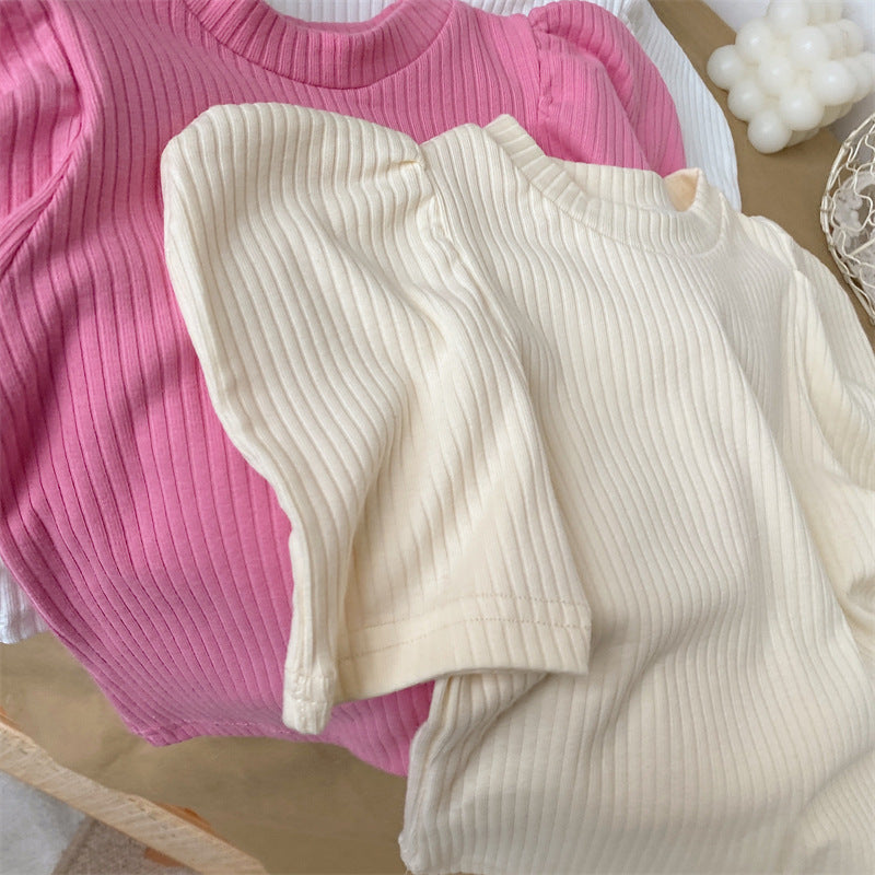 Kids Girls Basic Solid Color Puff Sleeve Round Neck Pit Stripe T-shirt