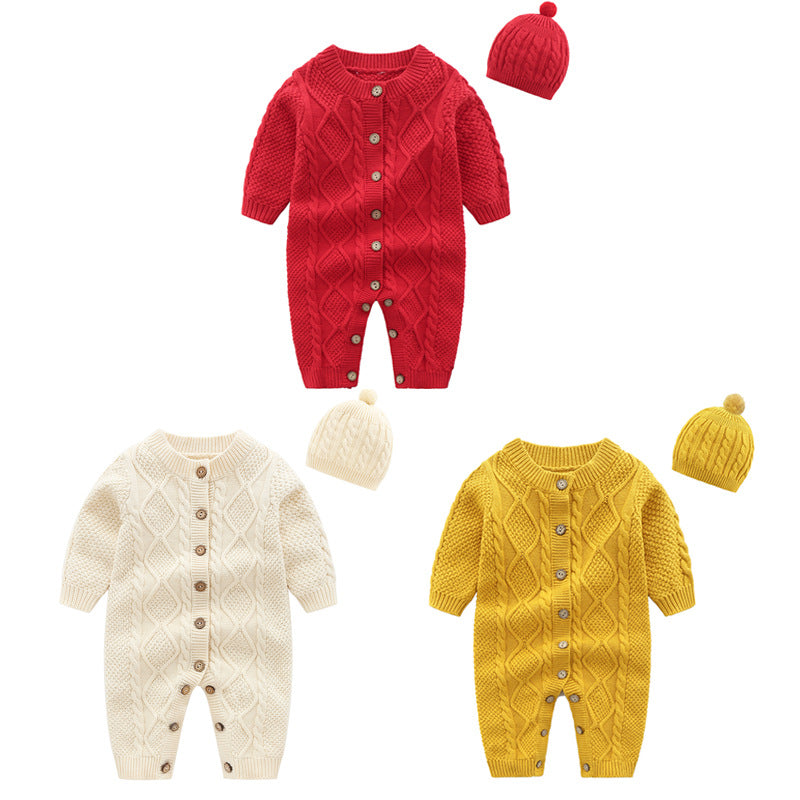 Winter Baby Simple Solid Color Single-Breasted Knitted One Piece And Hat