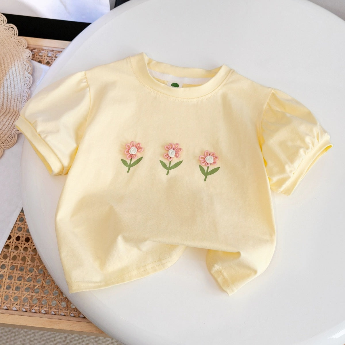 Kids Toddler Girls Casual Cute Flower Short Sleeve Round Neck T-Shirt