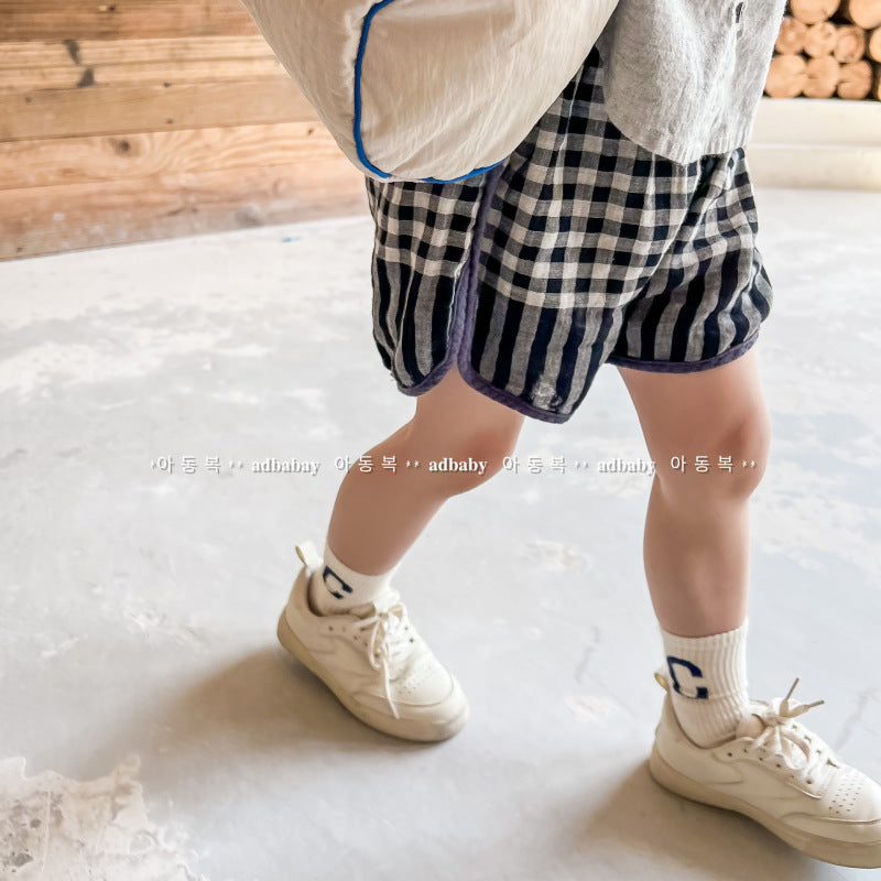 Kids Girls Casual Stripe Plaid Color Blocking Elastic Waist Loose Shorts