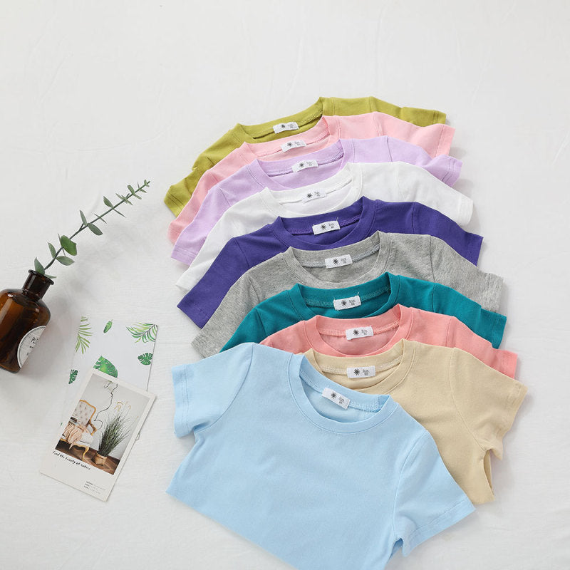 Children Kids Baby Fashion Girls Boys Casual Basic Solid Color Short Sleeve Round Neck T-Shirt