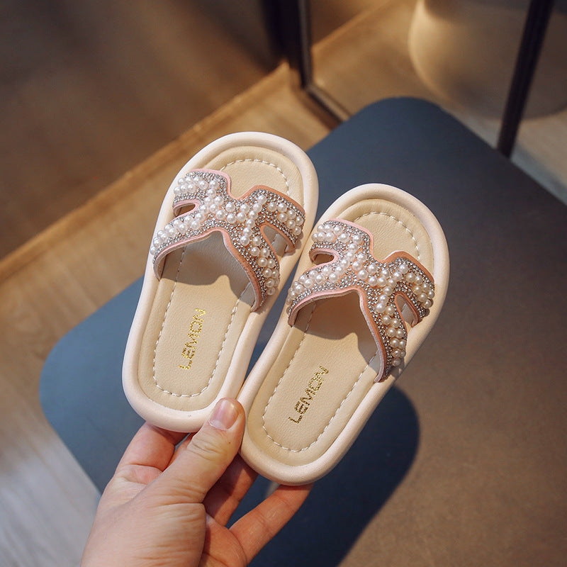 Children Kids Baby Fashion Girls Rhinestone Pearl Casual Outdoor Slippers Shoes