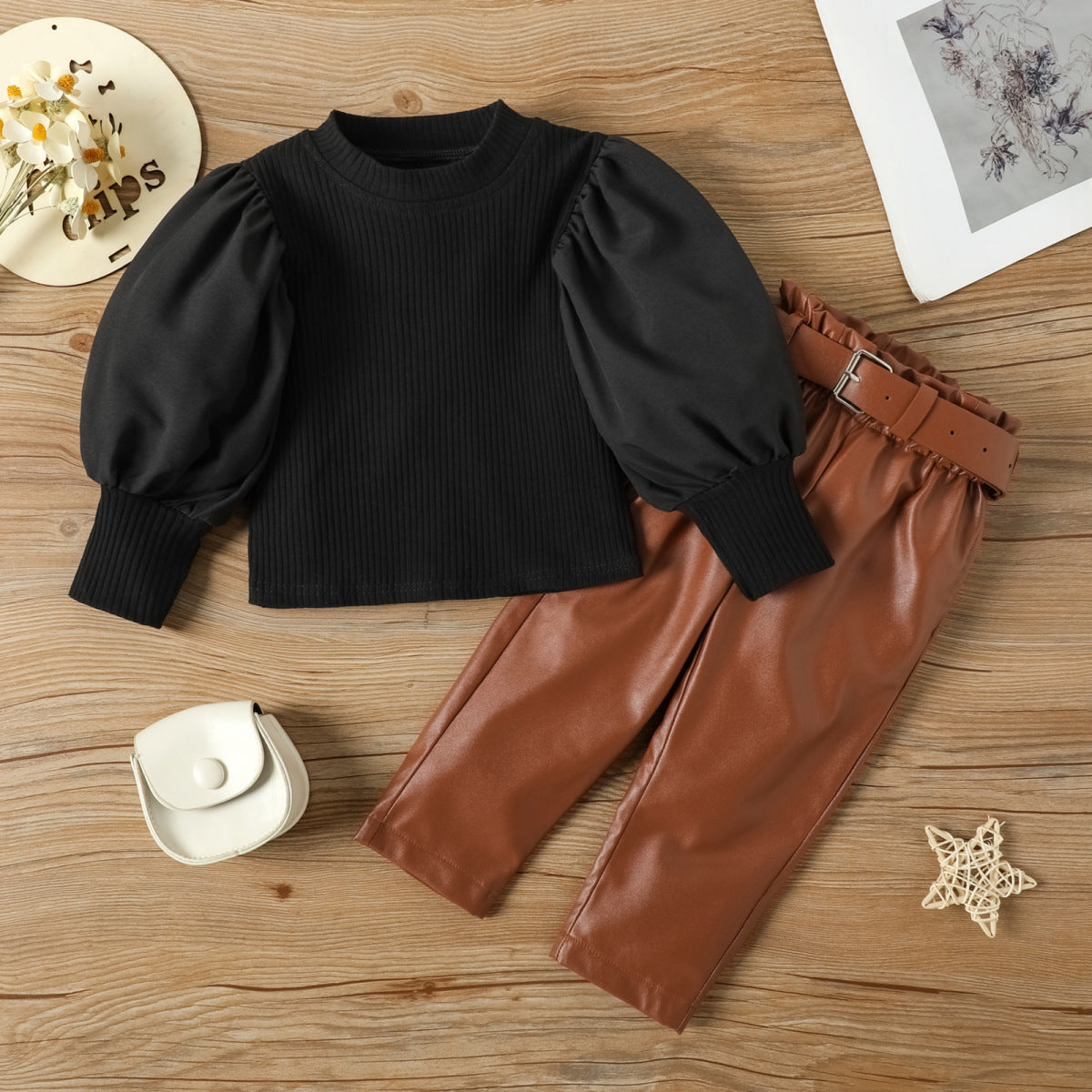 Autumn And Winter Girls' Fashion Puff Sleeve Top And Leather Pants Two-Piece Set