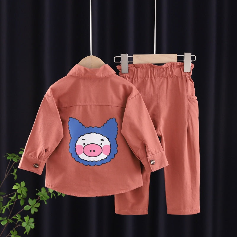 Girls Solid Color Cartoon Lapel Cute Shirt Pants Set
